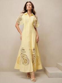 Anewsta Women's Single-Breasted Hollow-Out Patchwork Long Shirt Dress