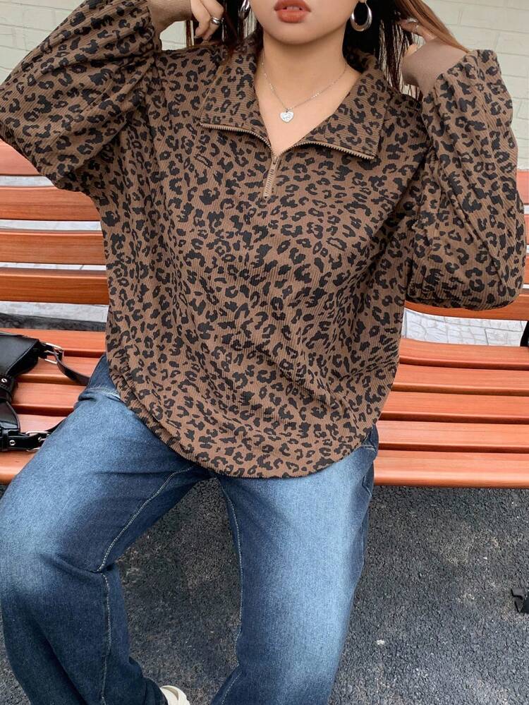Dazy Plus Plus Size Women Quarter Zip Leopard Print Long Sleeve Pullover Sweatshirt, Street Style Sweatshirt Fall/Winter
