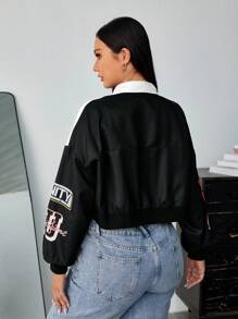 SHEIN EZwear 大码女式彩色块字母印花短款夹克 - 黑與白 - 查看 2