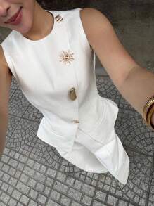 Siren Gaze 女式金属装饰无袖上衣和纯色长裤两件套 - 白色 - 查看 8