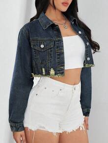 SHEIN ICON Áo khoác denim cắt ngắn rách rưới giặt thường ngày - Rửa tối - Xem 4