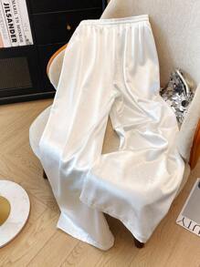 Franclia 优雅休闲直筒亮面编织腰系带女式白色裤子，春夏 - 白色 - 查看 2