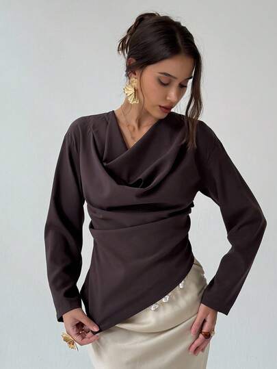 Aloruh 女士优雅纯色不对称下摆衬衫 秋季服装 女士秋季服装 所有服装 女士秋季服装 女士秋季服装 秋季服装 女士秋季服装 女士教师服装 教师服装 教师衬衫 商务休闲女士 商务休闲服装 女士商务休闲 商务休闲女士 办公室通勤 棕色衬衫 修身气质 不对称下摆，秋季上衣 优雅女士衬衫 时尚女士衬衫 棕色衬衫