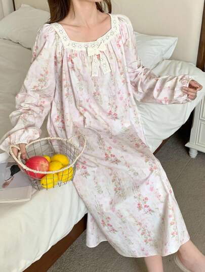 DAZY 女式蕾丝拼布碎花宽松长袖睡袍，秋季