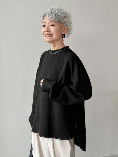 FRIFUL 女式黑色撞色缝线装饰后背撞色纽扣宽松休闲百搭落肩长袖立领衬衫，秋季女士商务休闲装