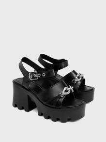 Sugerpunk Women's Elegant Fashion Casual Round Toe Chunky Heel Gothic Punk Buckle Design High Heel Sandals, Suitable For Party, Daily Wear, Evening Dress, Height Increasing And Leg Lengthening, Comfortable Versatile Women High Heels - Black - View 2