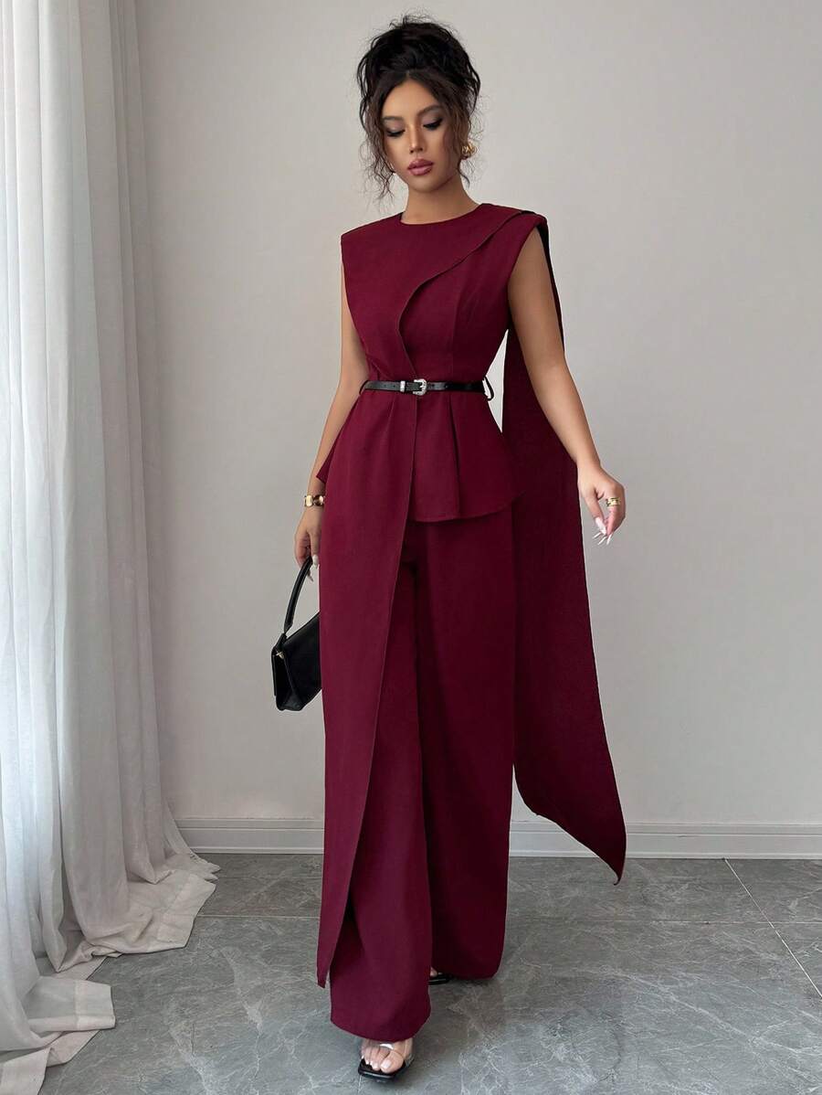 Modelyn 女士秋季勃艮第编织腰带套装，包括无袖优雅衬衫（配领带）和直筒阔腿裤，两件套，适合外出和约会 - 紅色 - 查看 1