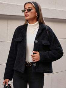 EURMUSE Women's Soft Comfy Teddy Short Button Up Jacket - Black - View 1