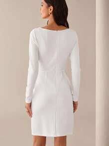 Lilora Robe longue élégante à fleurs 3D et couleur unie à manches longues pour femmes - Blanc - Voir 4