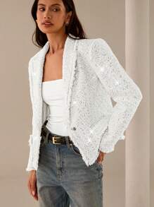 Lilora Women's Casual/Office Wear Sequin Lapel NeckLong Sleeve Blazer White Blazer For Women Women Blazers Tweed Blazer Sequin Blazer White Jacket For Women In Fall/Winter - White - View 7