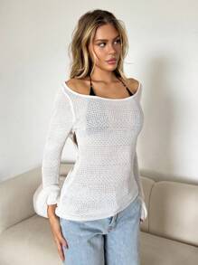 SHEIN ICON 休闲半透明修身纯色女式毛衣秋冬女装 - 白色 - 查看 3