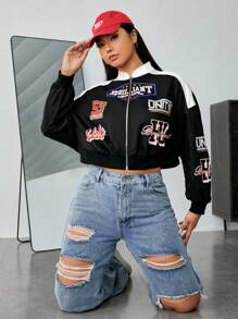 SHEIN EZwear 大码女式彩色块字母印花短款夹克 - 黑與白 - 查看 4
