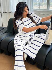 SHEIN EZwear Plus Size Striped T-Shirt And Casual Pants 2 Pieces Set, Summer - Multicolor - View 3