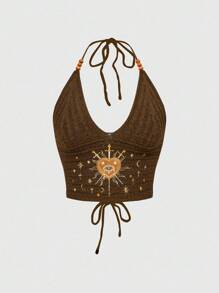 ROMWE Hippie Top tricoté noir avec broderie de lune, d'étoiles et de cœur, style bohème gothique hippie pour vacances, pour femmes