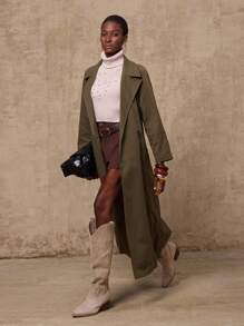 SHEIN Privé VITNOS Fall Summer Modest Old Money Holiday Party BOHO Women's Solid Color Lapel NeckCasual Long Sleeve Fashion Trench Coat - Dark Green - View 2