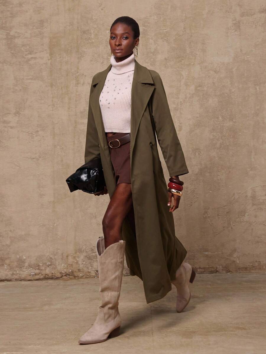SHEIN Privé VITNOS Fall Summer Modest Old Money Holiday Party BOHO Women's Solid Color Lapel NeckCasual Long Sleeve Fashion Trench Coat