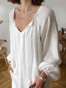 INAWLY Rochie de damă la modă, casual, retro, romantică, minimalistă, cu mânecă lungă, de culoare solidă, potrivită pentru vacanță - alb - Vizualizare 5