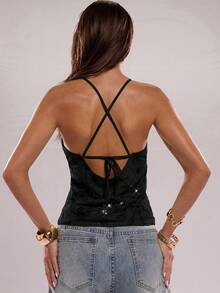 SHEIN BAE 女士夏季亮片花卉精致优雅吊带背心 - 黑色 - 查看 2