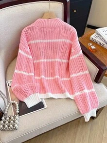 Chiquease Casual Colorblock Striped Drop Shoulder Sweater, Autumn/Winter Fall Cloth For Women