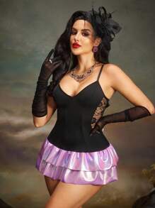 Vestido de sirena de satén con encaje floral de cintura baja y transparente, camisón sexy de mujer, negro, morado, estilo años 20, para salir - Morado - Ver 5