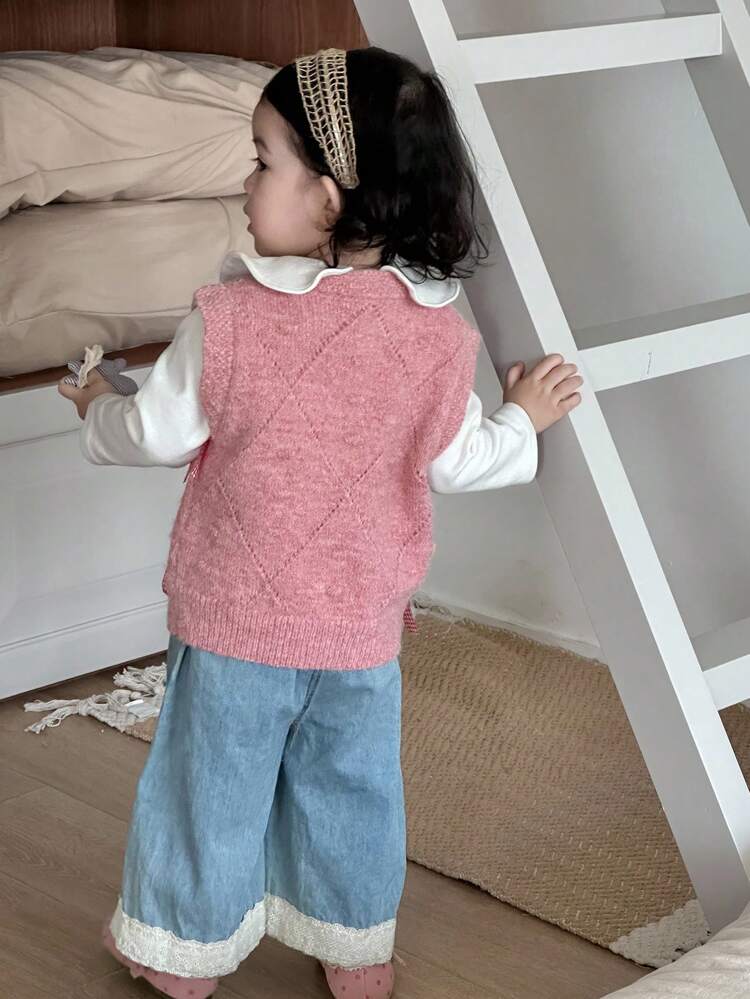Baby Girl Bow Decor Korean Style Round Neck Vest, Baby Girl Cardigan Fall, Winter Toddler Girls Clothes