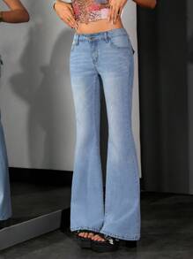 Jeanoix Y2K Butterfly Embroidered Low Stretch Washed Denim Flare Pants - Light Wash - View 4