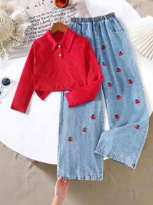 Genkimix Kids Conjunto de Moda Casual Diária Escolar para Meninas, Camisa de Manga Longa com Gola Polo Ajustada de Cor Sólida e Calça Denim de Perna Larga Solta com Cintura Elástica e Bordado de Cereja, Conjunto de Volta às Aulas, Todas as Estações - Vinho - Visão 1