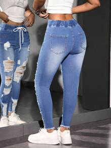 SHEIN PETITE 女式抽绳腰部破洞紧身休闲牛仔裤