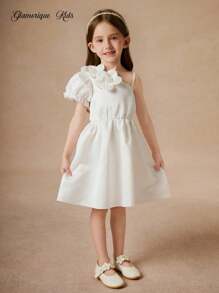 Glamorique Kids Young Girls Flower Bridesmaid Dress, Wedding, Flower Girl,Elegant,3D Rose,Summer Dress ,Birthday Photo Clothing,Birthday Party,Party Performance,Suitable For Formal Occasions, Stage, Piano Performance White Dress For Girls Ivory Dress For Girls Girls White Elegant Dress - White - View 5