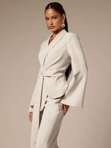 Silquee 女士纯色披肩领长袖优雅西装外套，秋季服装，返校服装，复古风格女性，商务休闲女性，女士办公室服装，外出服装，女士工作服，女士约会夜服装，白色系带西装外套，女士秋季服装 - 卡其色 - 查看 4