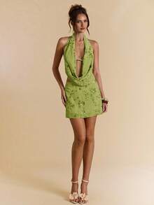 SHEIN BAE Áo cánh cổ xếp nếp đính sequin hoa thời trang gợi cảm cho nữ - Màu xanh Ô liu - Xem 6