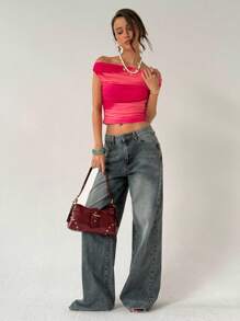 Aloruh Women's Fashion Ombre Off-Shoulder Ruched Fitted T-Shirt, Summer Beach Vacation Boho Tropical Concert Rave Festival Country Concert Ibiza Nashville Western Wear Streetwear Gyaru Cute Tops - Pink - View 4