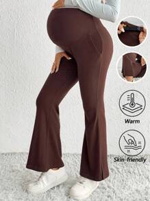 SHEIN Ropa de otoño, ropa de otoño, ropa de maternidad de otoño Pantalones de maternidad casuales de unicolor con cintura alta ajustable y bajo con abertura, pantalones de maternidad versátiles, pantalones de embarazo, pantalones de maternidad acampanados, leggings de maternidad, pantalones de maternidad marrones