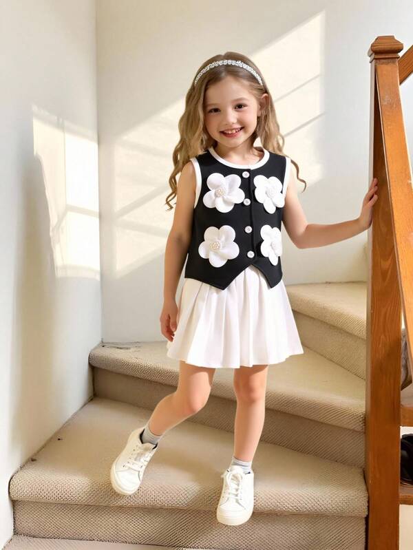 Young Girl Elegant Floral Applique Camisole Top And Pleated Skirt Set, Fashionable Summer Outfit For Casual, Party, Date