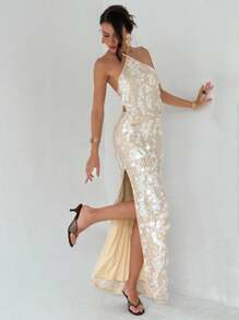 Aloruh Date Night Outfits Women Music Festival Party Disco Sequin Textured High Slit Skirt For Women - Multicolor - View 7