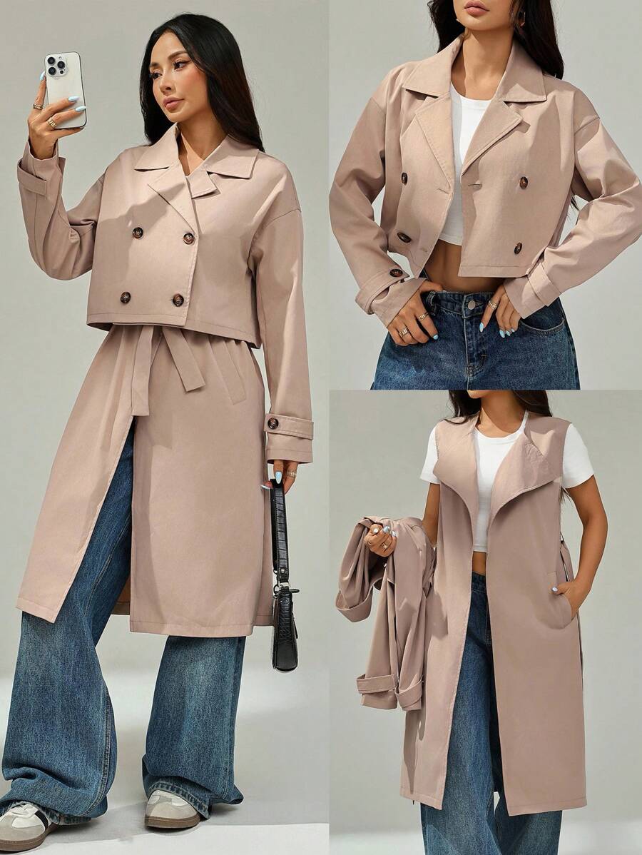 SHEIN PETITE 女款三穿风衣，可穿出多种场合，短款和长款风衣可自由切换，还有长款背心，秋冬四季皆可穿 - 卡其色 - 查看 1