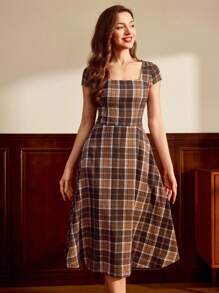 Vintamour Vintage Classic Elegant Women's Dress, Fitted Plaid Dress With Pockets, Square Collar Dress, Flared Hem Midi Dress, Suitable For Summer & Autumn,Elegant Dresses For Women - Coffee Brown - View 6