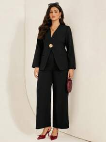 Auralis 大码女装春秋时尚优雅舒适简约高级日常金属纽扣V领黑色长袖套装，秋季女装，女士办公室套装，女士工作服，商务职业女性，老款套装女士 - 黑色 - 查看 3