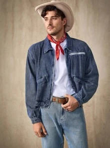 Manfinity Homme Casual Men's Zip-Up Denim Jacket, Streetwear Style Washed Outerwear - Blue - View 3