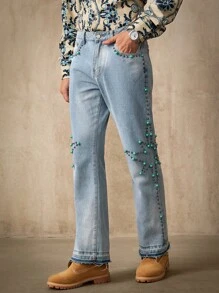 RivetRise Quần jeans ống loe túi đính ngọc trai giả cho nam - Rửa nhẹ - Xem 8