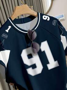 INAWLY Summer Casual Versatile Numeric Print Women's T-Shirt And Shorts Set - Navy Blue - View 6