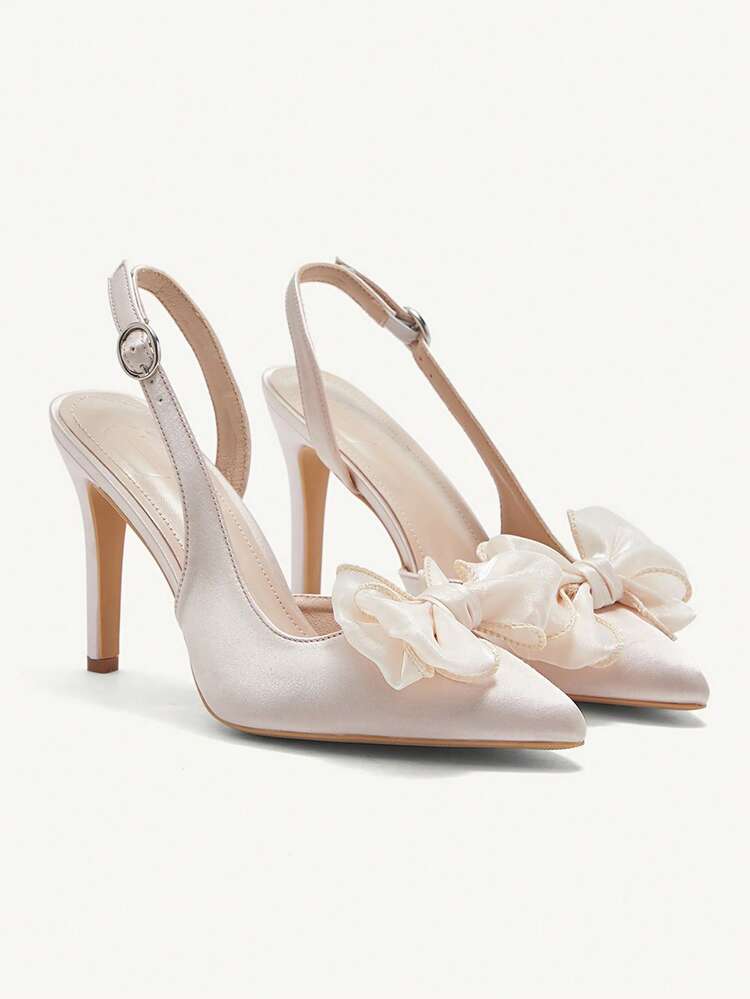 CUCCOO CHICEST Women's Elegant Pointed Toe Satin Backless High Heel Pumps With Floral Decor, Comfortable For Work, Wedding And Formal Occasions