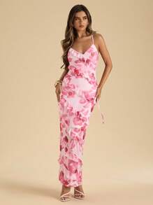xheSHEIN  Vestido con estampado floral, dobladillo con volantes en capas, elegante atuendo casual de playa y fiesta de verano para mujerxhe - Rosa - Ver 2