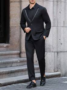 Manfinity Bizformal 男士翻領長袖夾克與長褲休閒黑色西裝套裝，辦公室穿搭、儀式、正式 - 黑色 - 查看 4