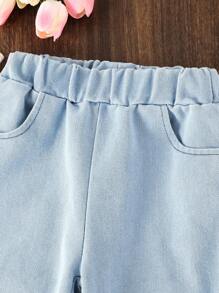 Genkimix Kids Kleine Mädchen Lässig Collegestyle Schleife Sweatshirt und Jeans Set