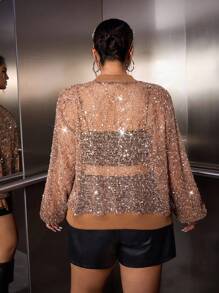 SHEIN EZwear Plus Size Women's Sequin Sheer Long Sleeve Zip Front Baseball Collar Jacket Gold Sequin Top Sequin Jacket Winter Fall Autumn Halloween