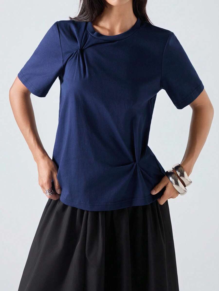 LYSMO 女式休闲纯色扭纹短袖T恤,夏季 - 藏蓝色 - 查看 1