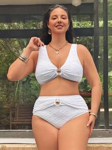 Slaysola 大码女式2件套纯色特殊面料白色时尚度假日常休闲简约高腰三角内裤外壳基本款比基尼套装