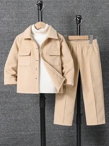 SHEIN 男童简约长袖外套套装（两件套），包含一件外套和一条裤子，秋冬新款，适合日常穿着、上学、外出、返校季等场合。 - 卡其色 - 查看 4