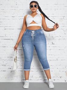 Jeanoix Celana Capri Skinny Wanita Ukuran Besar dengan Tali Serut di Pinggang dan Saku, Model Sobek-sobek - Biru - View 6